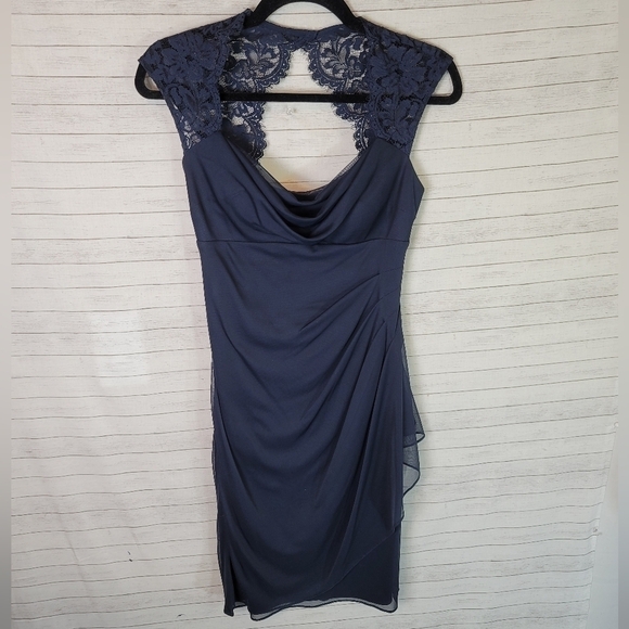 XSCAPE BY JOANNA CHEN NAVY LACE CAP SLEEVE SATIN DRESS, SZ 2 - Picture 2 of 11